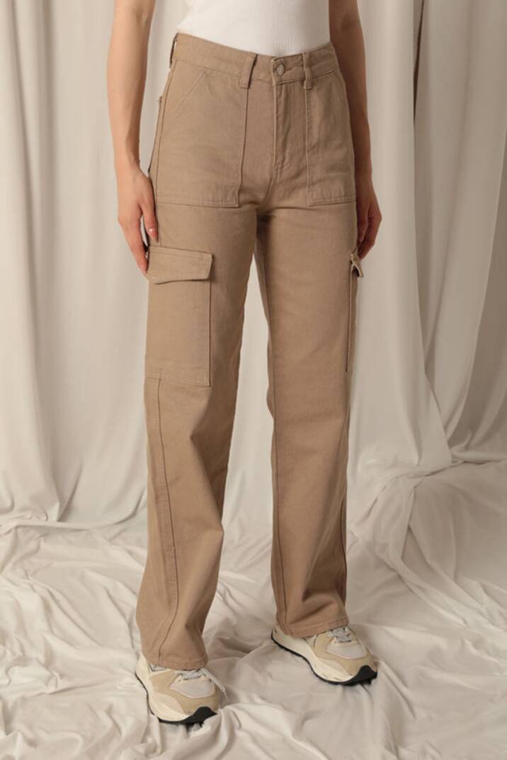 Denim Kumaş Kargo Cepli Kadın Bej Pantolon - 5