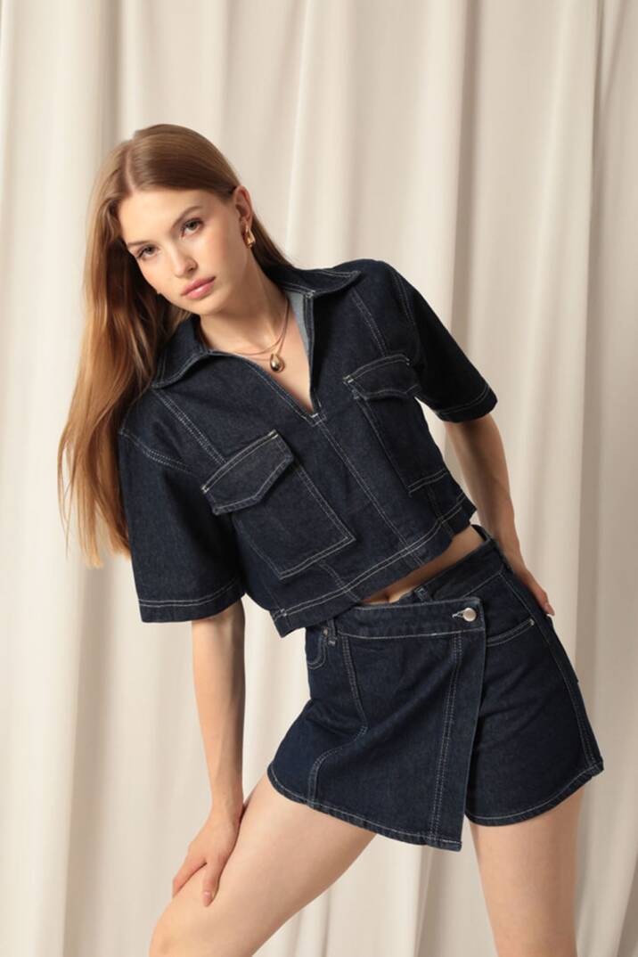 Denim Kumaş Kısa Cepli Crop Kadın Lacivert Kot Ceket - 2