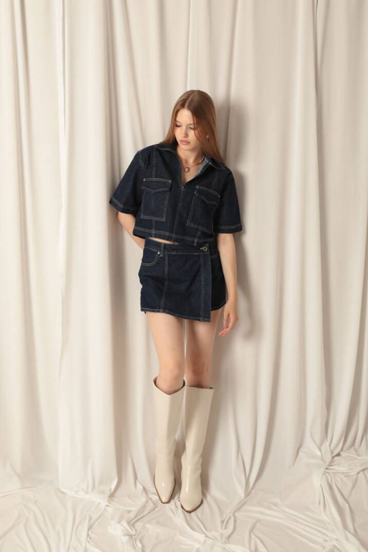 Denim Kumaş Kısa Cepli Crop Kadın Lacivert Kot Ceket - 3