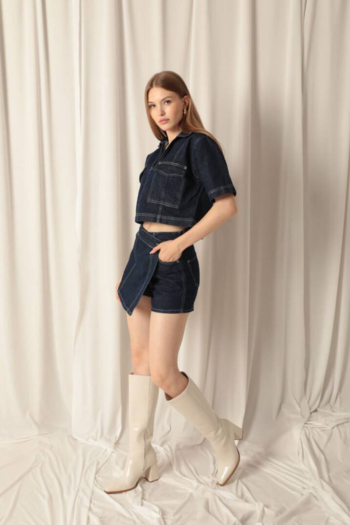 Denim Kumaş Kısa Cepli Crop Kadın Lacivert Kot Ceket - 4