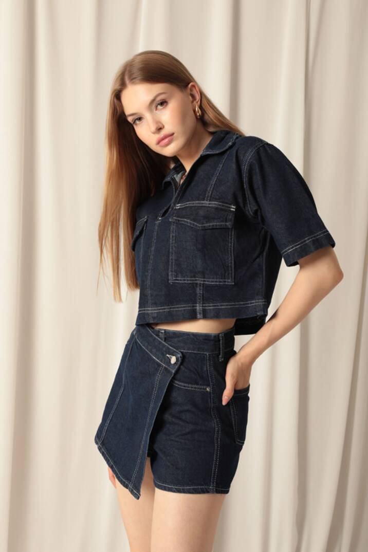 Denim Kumaş Kısa Cepli Crop Kadın Lacivert Kot Ceket - 5
