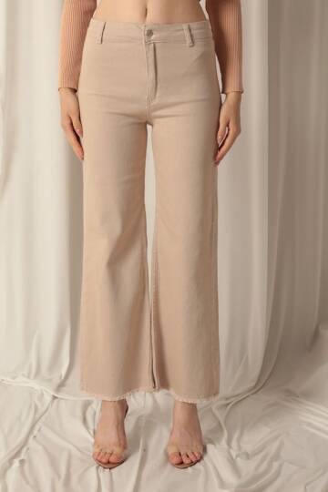 Denim Kumaş Paçası Püsküllü Salaş Kadın Bej Pantolon - 4