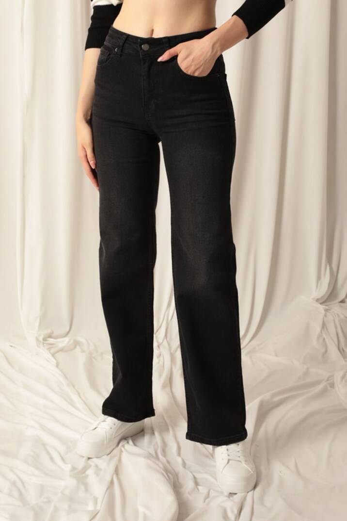 Denim Kumaş Wide Leg Kadın Siyah Kot Pantolon - 2