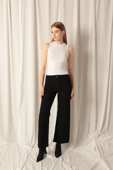 Denim Kumaş Wide Leg Paçası Püsküllü Salaş Kadın Siyah Kot Pantolon - 2