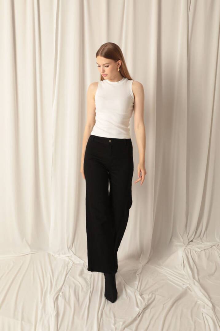 Denim Kumaş Wide Leg Paçası Püsküllü Salaş Kadın Siyah Kot Pantolon - 3