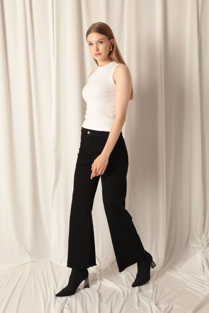 Denim Kumaş Wide Leg Paçası Püsküllü Salaş Kadın Siyah Kot Pantolon - 4