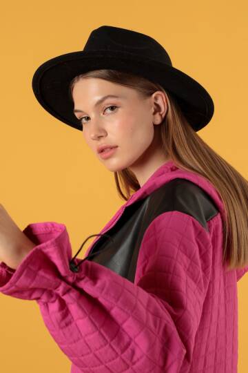 Deri Kumaş Garni Detay Jakar Kadın Trençkot-Fuşya - 2