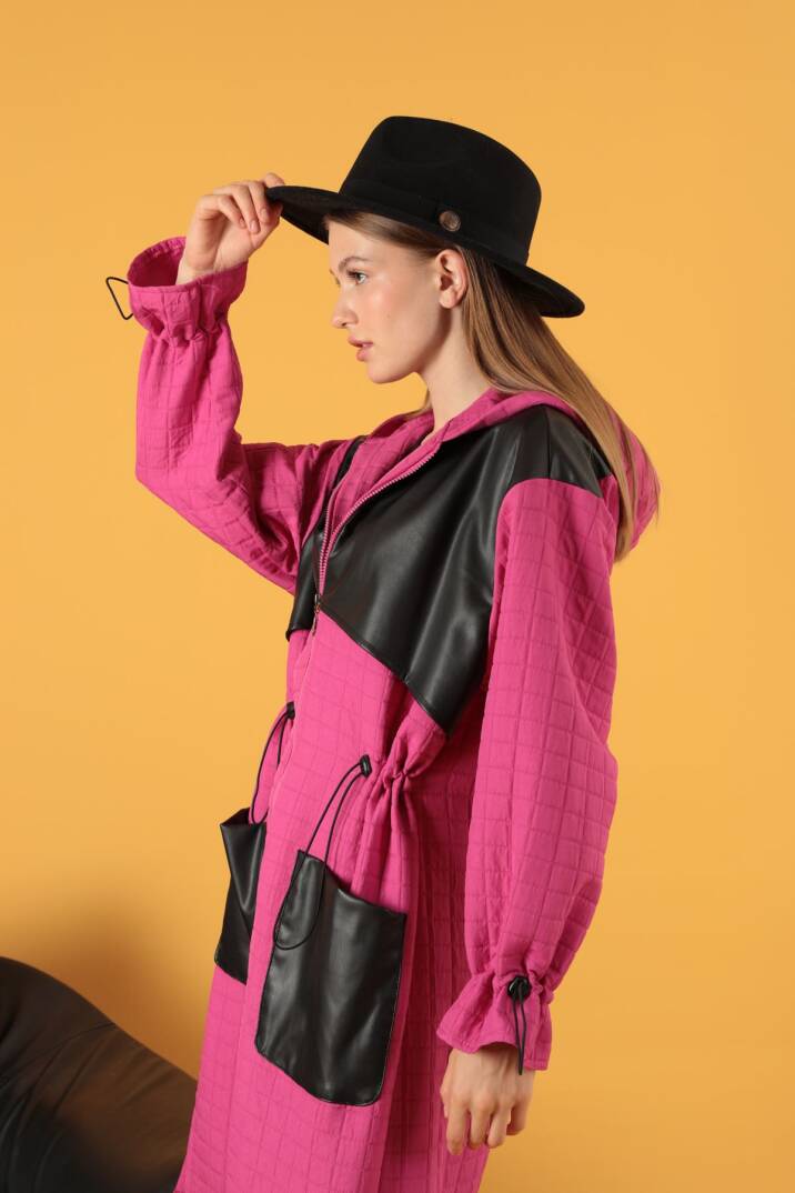 Deri Kumaş Garni Detay Jakar Kadın Trençkot-Fuşya - 3