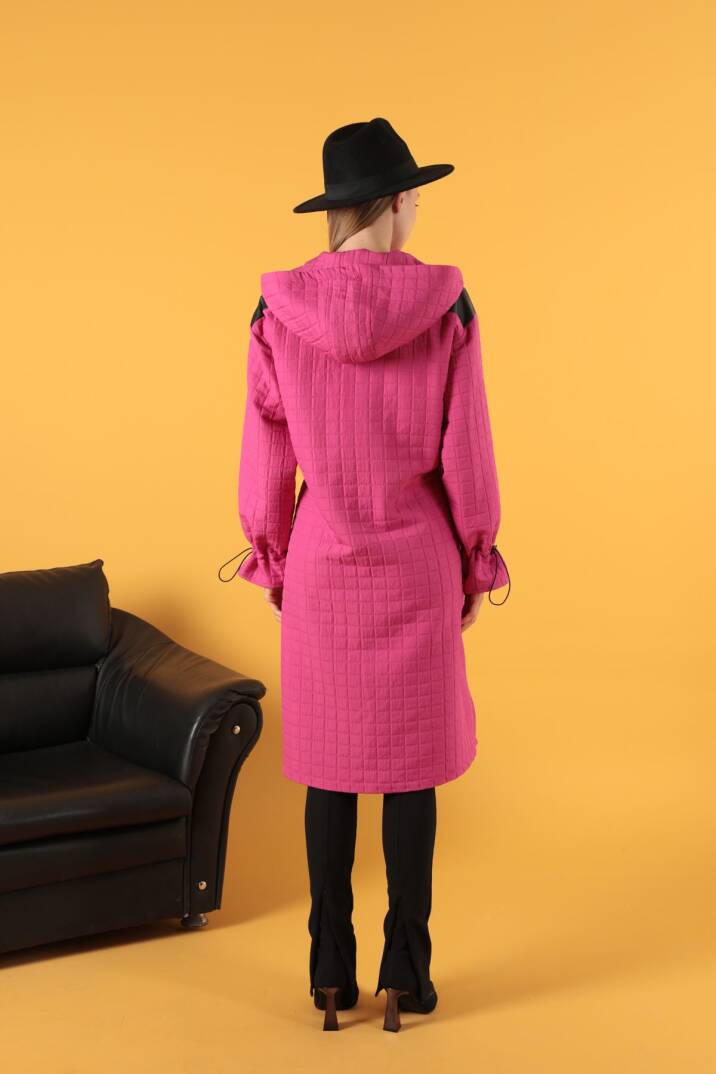 Deri Kumaş Garni Detay Jakar Kadın Trençkot-Fuşya - 4