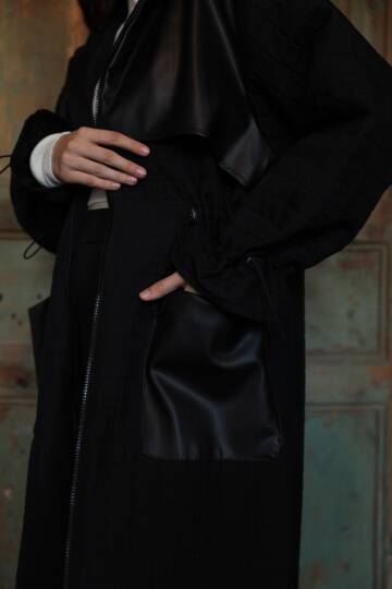 Deri Kumaş Garni Detay Jakar Kadın Trençkot-Siyah - 2