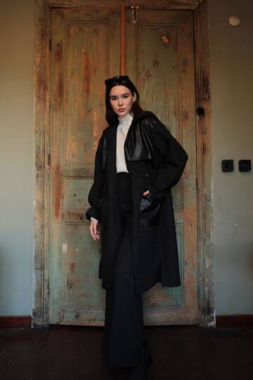 Deri Kumaş Garni Detay Jakar Kadın Trençkot-Siyah - 3