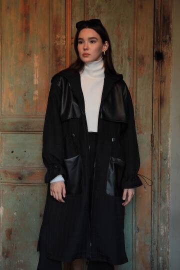 Deri Kumaş Garni Detay Jakar Kadın Trençkot-Siyah - 4