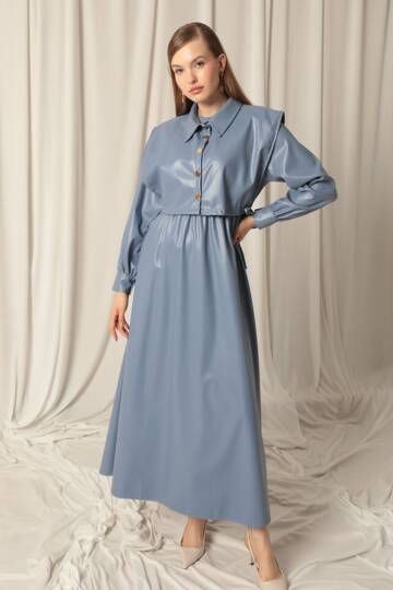 Deri Kumaş Kadın İndigo Elbise - 3