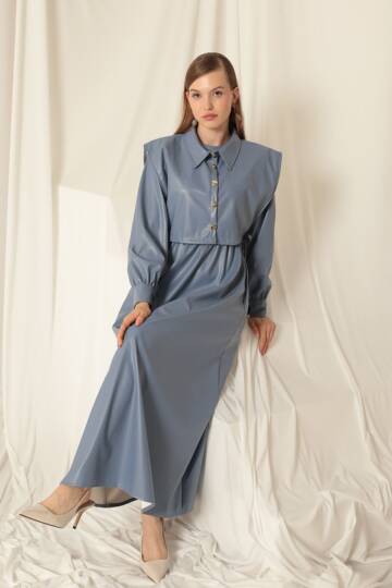 Deri Kumaş Kadın İndigo Elbise - 4