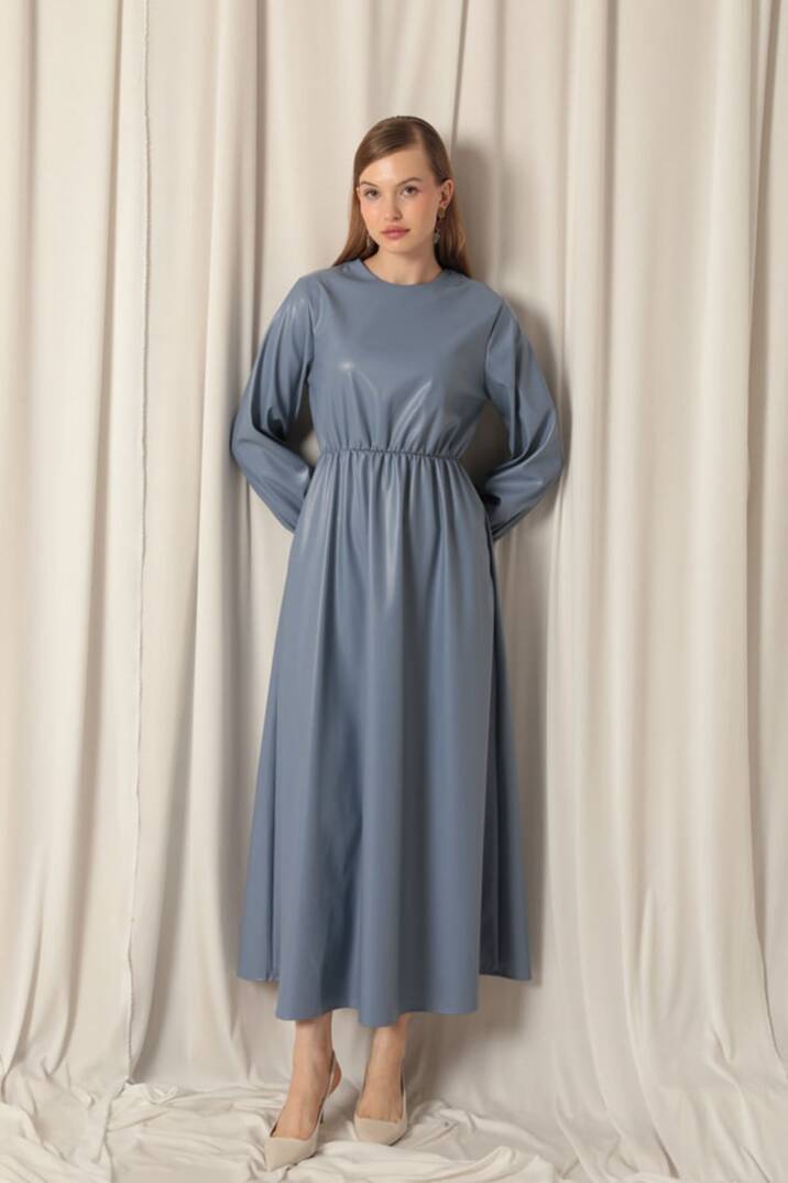 Deri Kumaş Kadın İndigo Elbise - 5