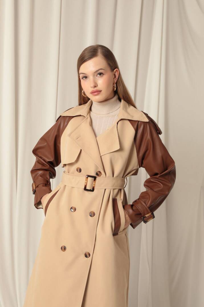 Dokuma Kumaş Deri Garnili Kadın Bej Trenckot - 5
