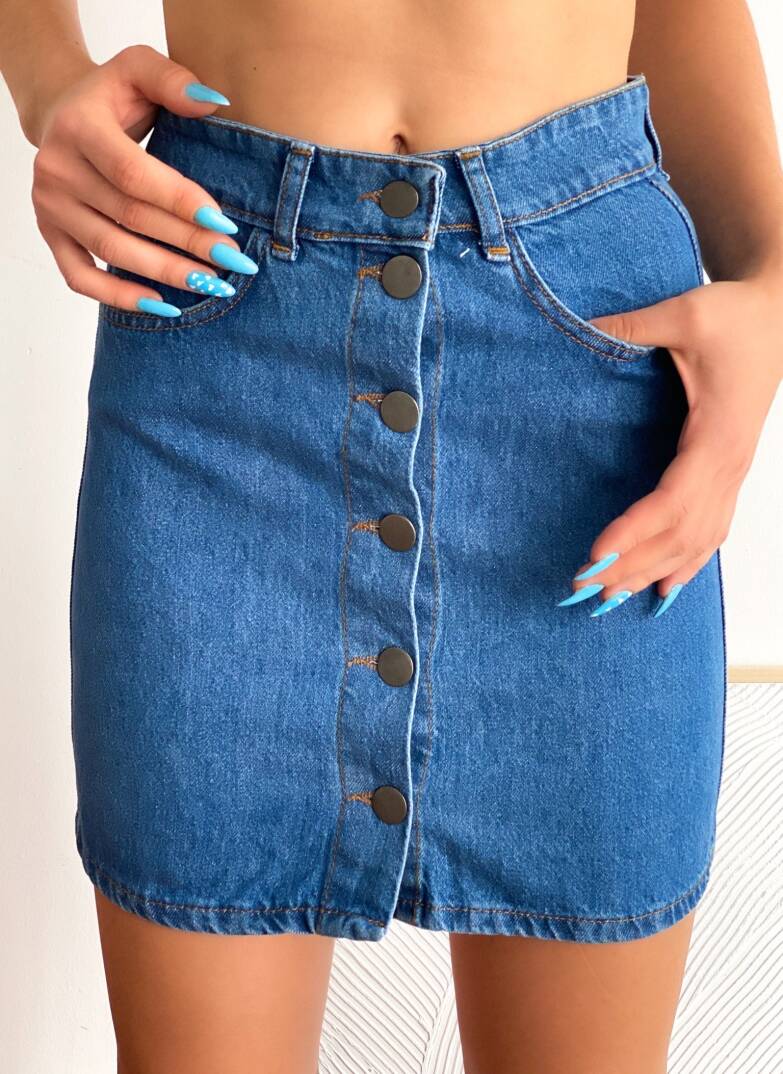 Düğmeli Denim Etek - 1