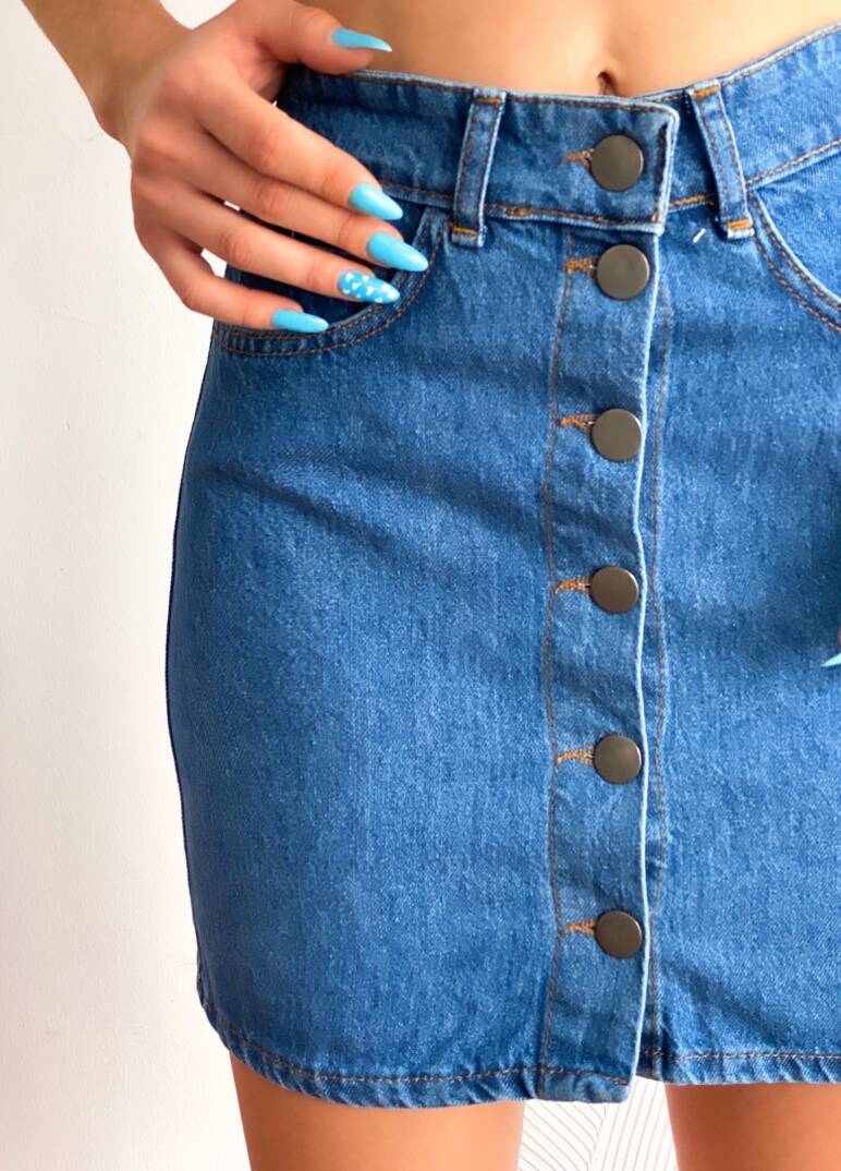 Düğmeli Denim Etek - 2