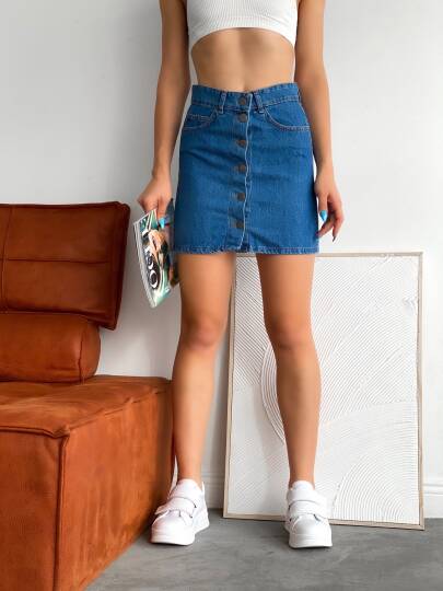 Düğmeli Denim Etek - 5