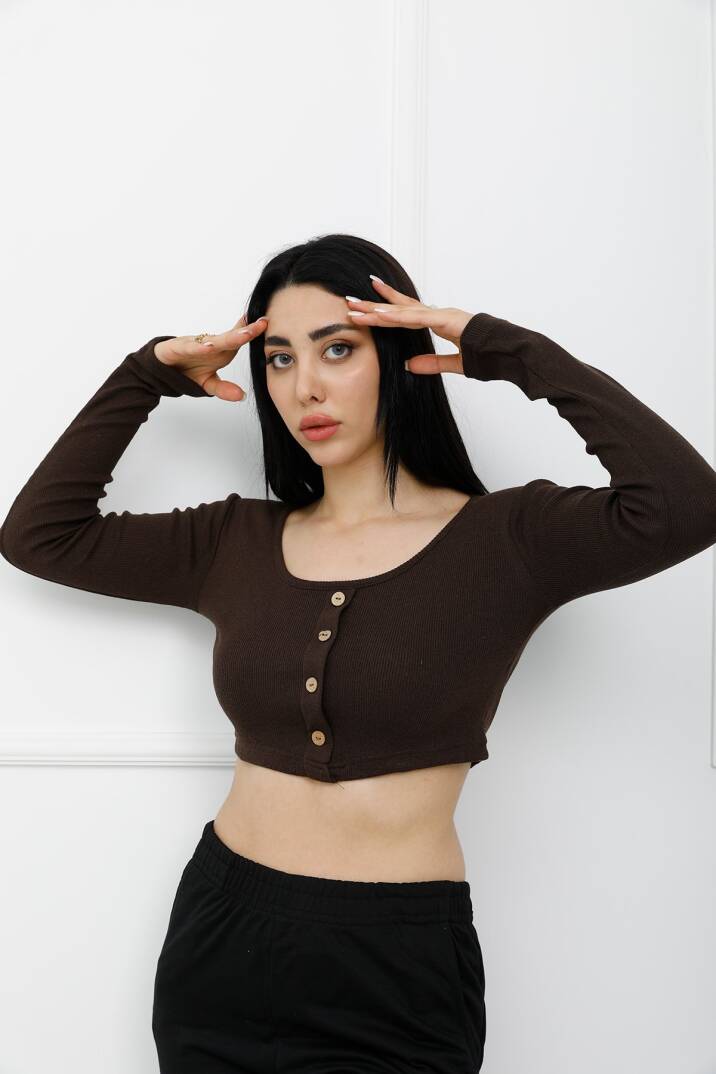 Düğmeli Mini Crop Bady Kahve - P-020494 - 2