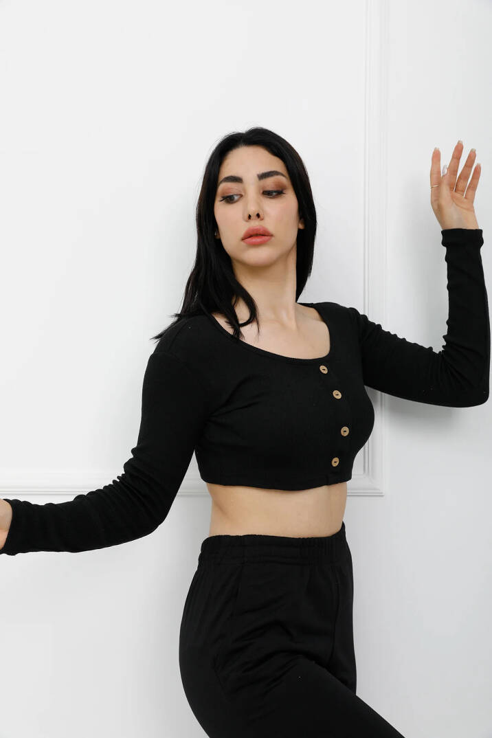 Düğmeli Mini Crop Bady Siyah - P-020494 - 2