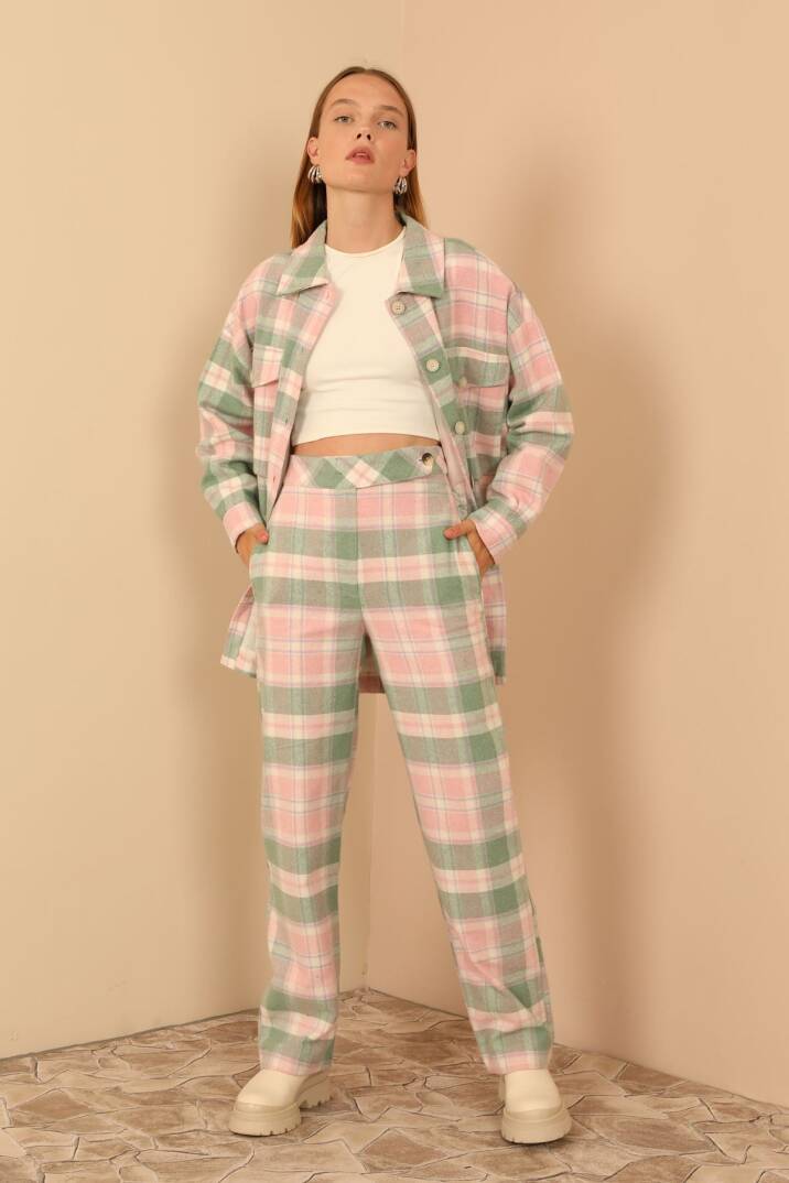 Ekose Kumaş Rahat Kalıp Kadın Pantolon-Pembe - 3