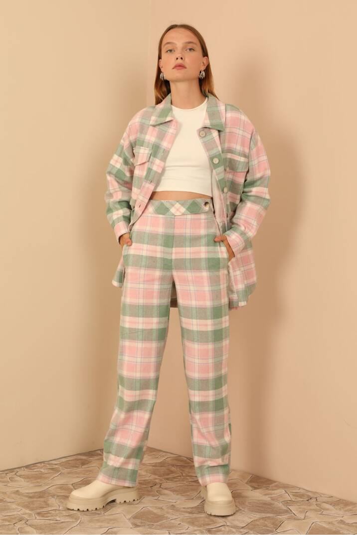 Ekose Kumaş Rahat Kalıp Kadın Pantolon-Pembe - 4