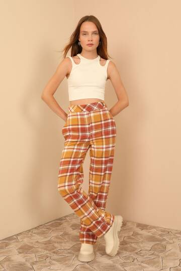 Ekose Kumaş Rahat Kalıp Kadın Pantolon-Taba