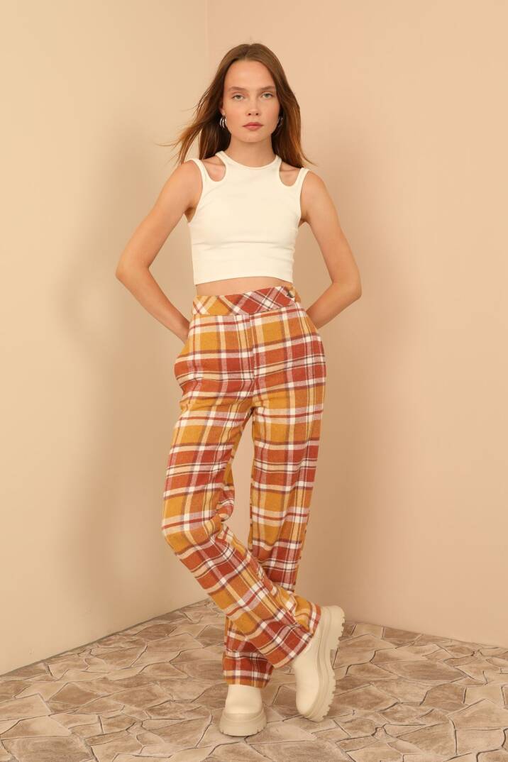 Ekose Kumaş Rahat Kalıp Kadın Pantolon-Taba - 1