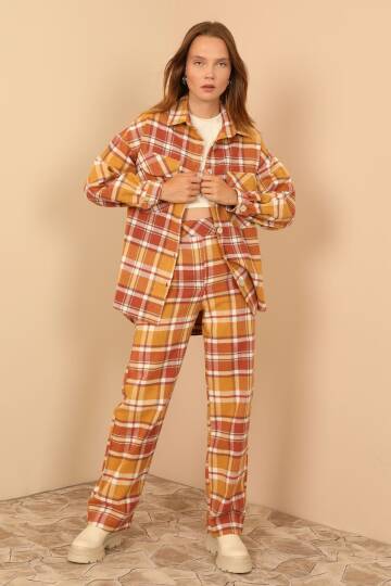 Ekose Kumaş Rahat Kalıp Kadın Pantolon-Taba - 4