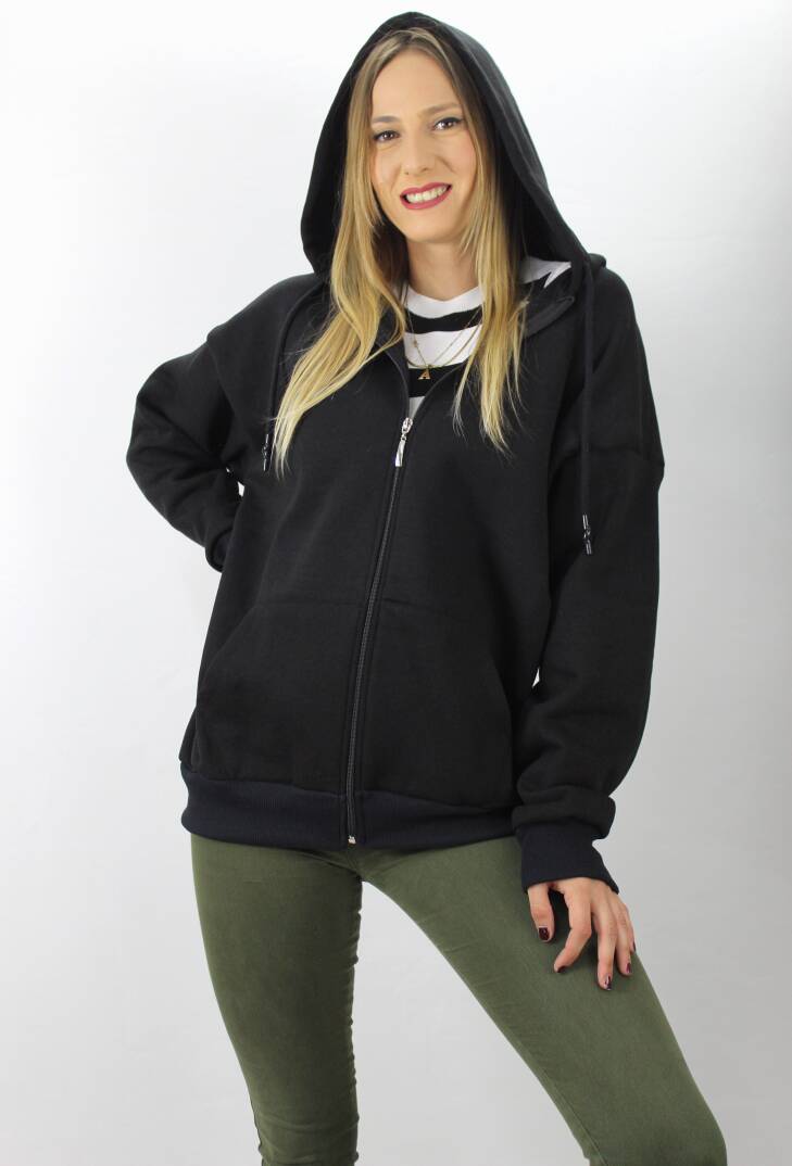 Fermuarlı Üç İplik Kapşonlu Sweat Siyah - 2810.2022 - 1