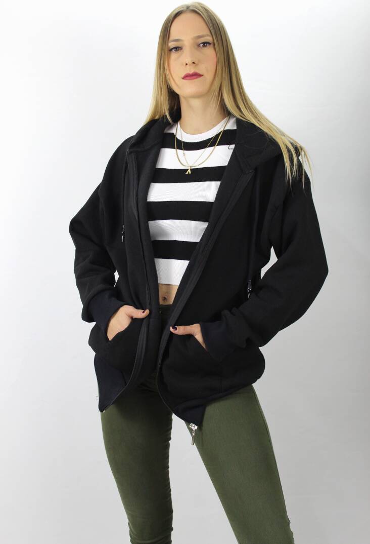 Fermuarlı Üç İplik Kapşonlu Sweat Siyah - 2810.2022 - 2
