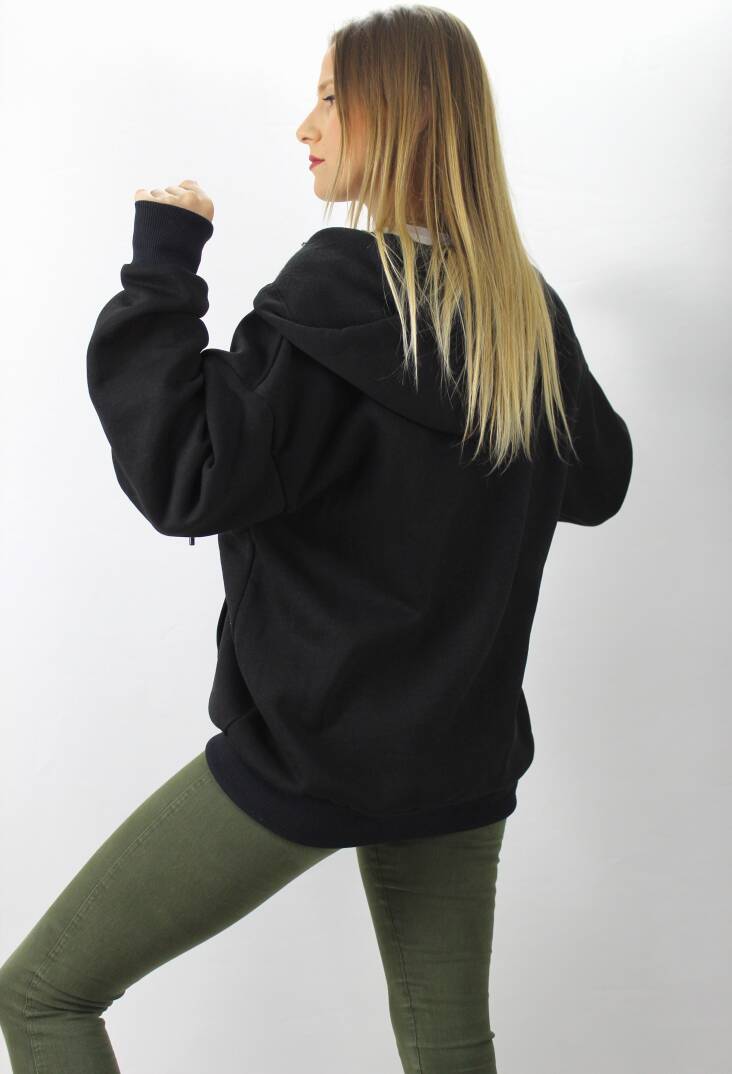 Fermuarlı Üç İplik Kapşonlu Sweat Siyah - 2810.2022 - 4