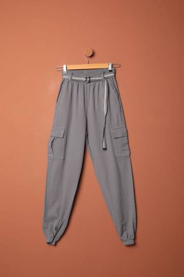 Gabardin Kumaş Kemerli Kargo Kadın Pantolon-Antrasit