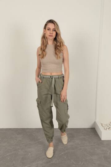 Gabardin Kumaş Kemerli Kargo Kadın Pantolon-Haki - 4