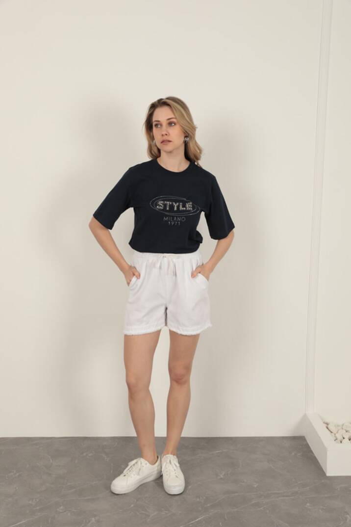 Garbardin Kumaş Püsküllü Kadın Şort-Beyaz - 3