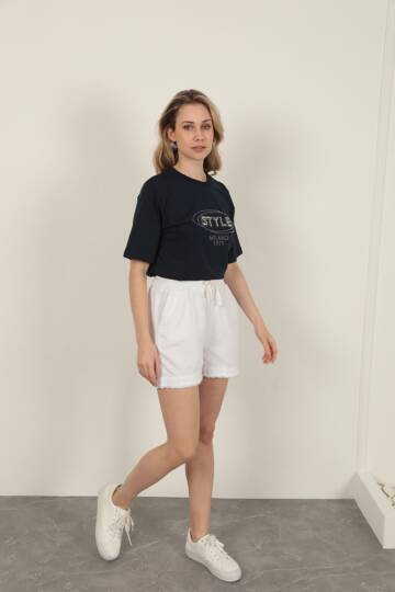 Garbardin Kumaş Püsküllü Kadın Şort-Beyaz - 4