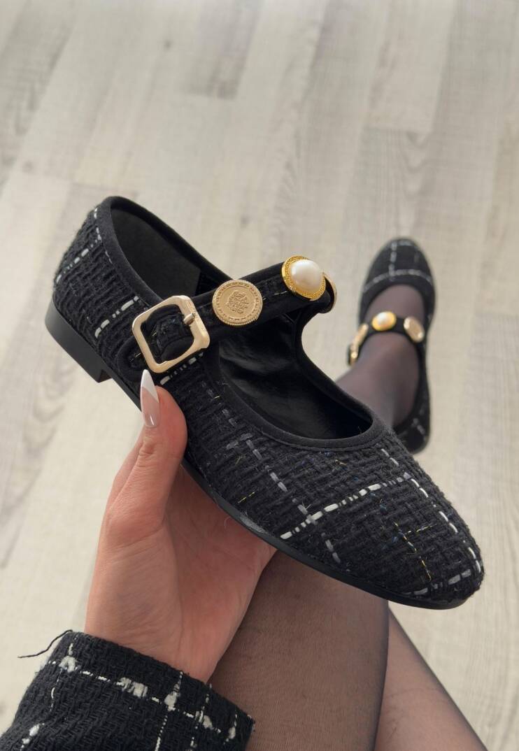 Hante Siyah Keten Taşlı Babet Ayakkabı - 2