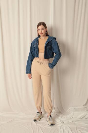 İki İplik Kumaş Paçası Lastikli Kadın Bej Eşofman - 2