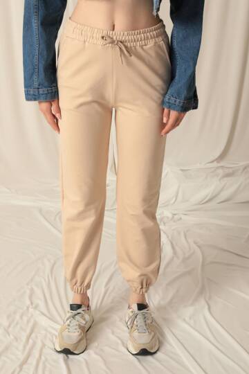 İki İplik Kumaş Paçası Lastikli Kadın Bej Eşofman - 3