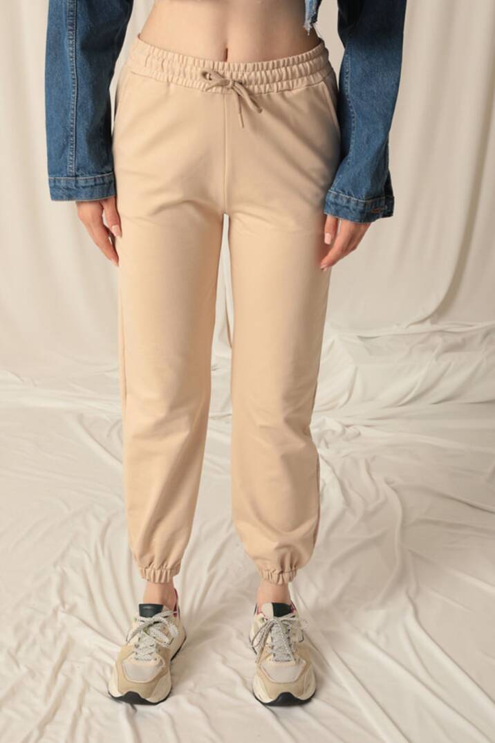 İki İplik Kumaş Paçası Lastikli Kadın Bej Eşofman - 3