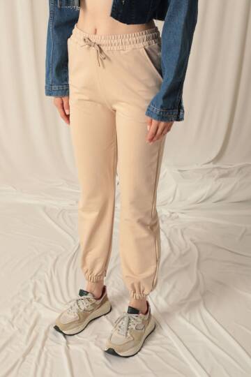 İki İplik Kumaş Paçası Lastikli Kadın Bej Eşofman - 4