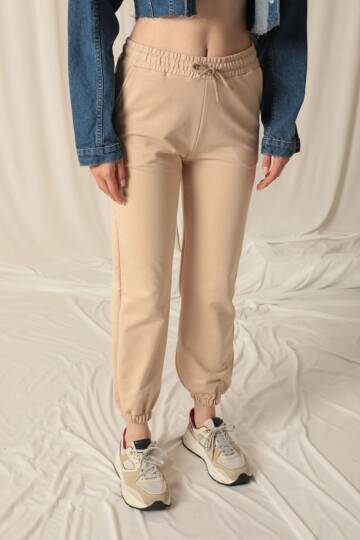 İki İplik Kumaş Paçası Lastikli Kadın Bej Eşofman - 5