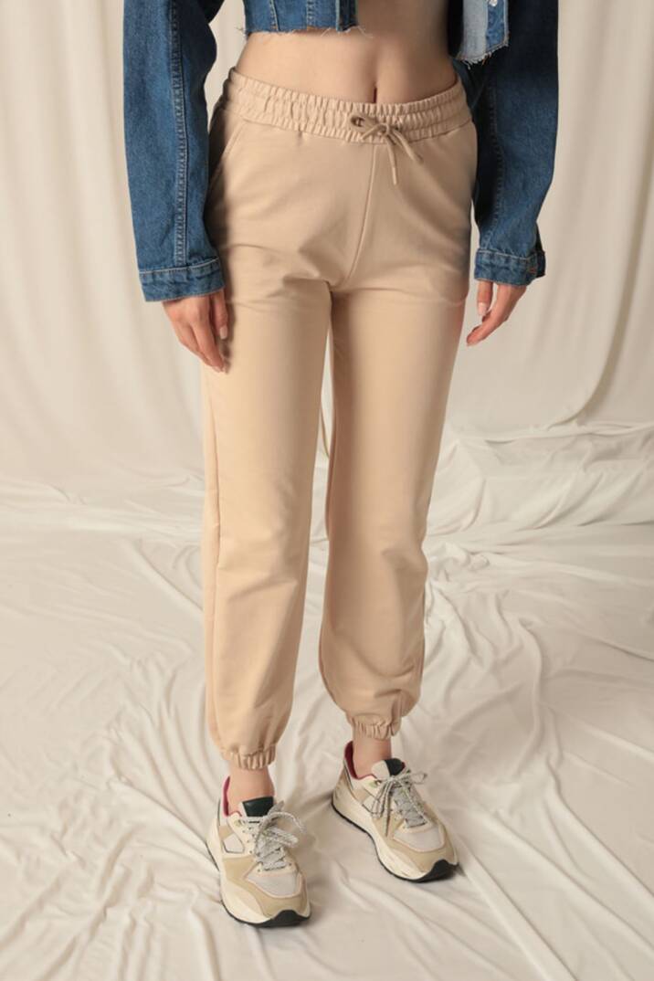 İki İplik Kumaş Paçası Lastikli Kadın Bej Eşofman - 5