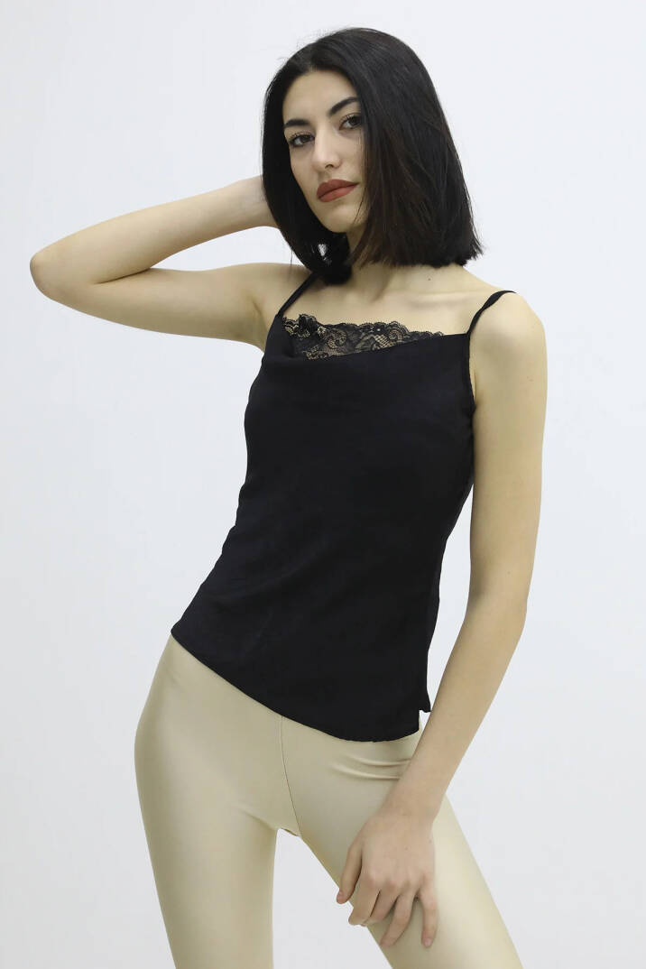 İp Askılı Dantel İşlemeli Bluz Siyah - P-019808 - 1