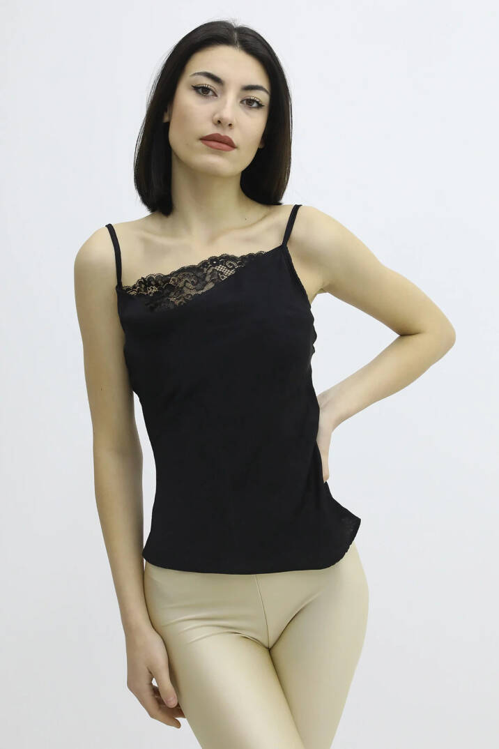 İp Askılı Dantel İşlemeli Bluz Siyah - P-019808 - 2