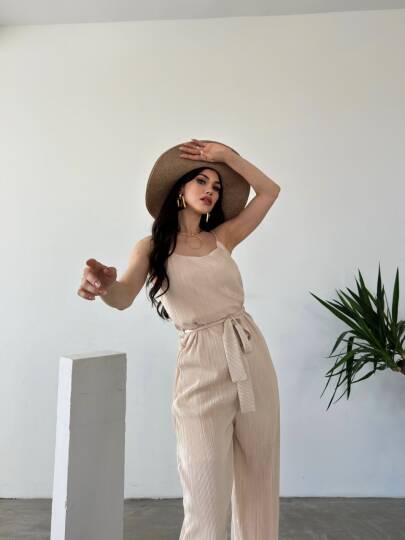 İp Askılı Kuşaklı Krinkle Tulum - 3