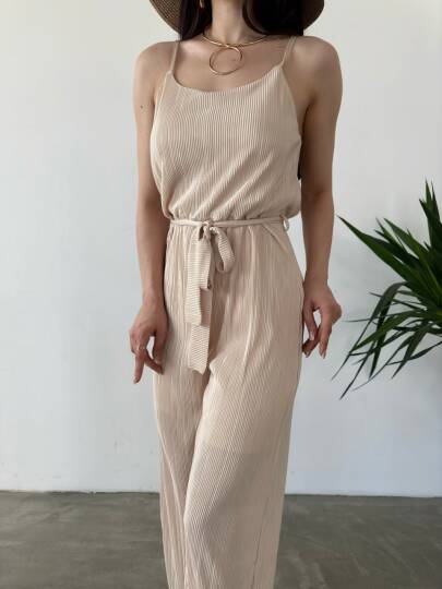 İp Askılı Kuşaklı Krinkle Tulum - 4