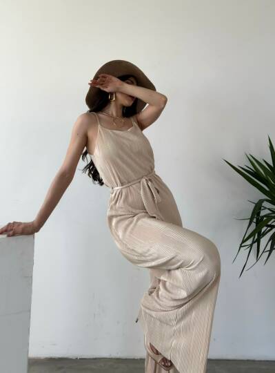 İp Askılı Kuşaklı Krinkle Tulum - 5