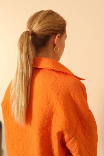 Jakar Kumaş Geometrik Desen Oversize Kadın Gömlek-Oranj - 2